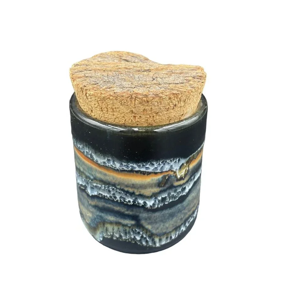 Studio Art Pottery Canister Jar With Cork Lid Black Beige Drip Glaze Glossy